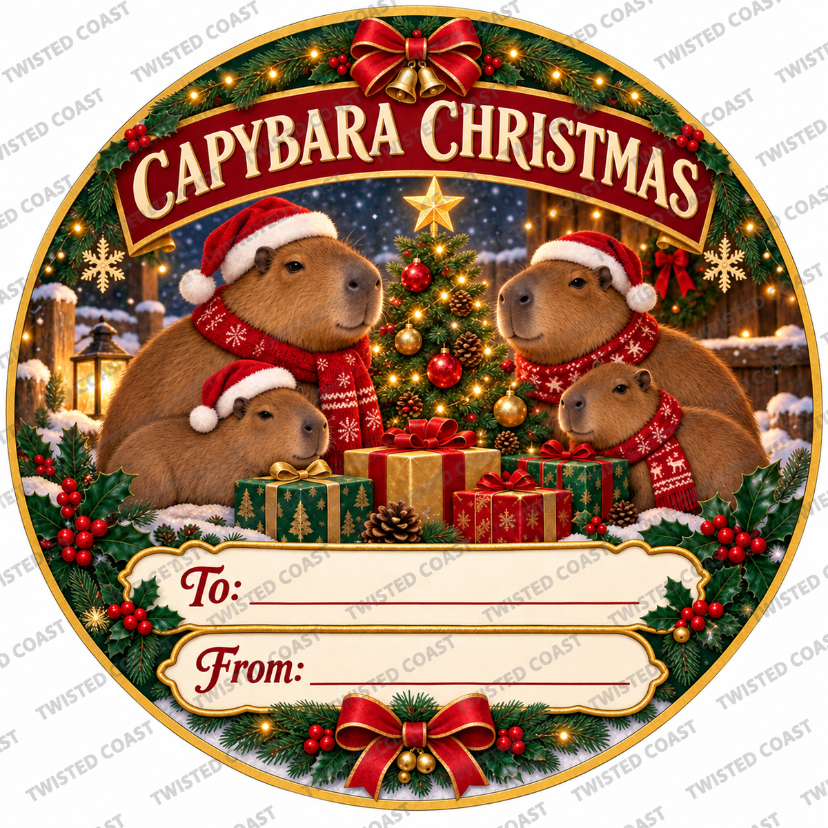 Christmas chocolate tub label – Capybara Christmas – watermarked preview