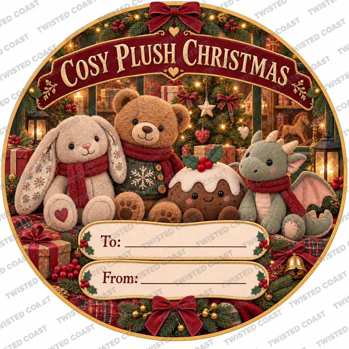 Christmas chocolate tub label – Cosy Plush Christmas – watermarked preview