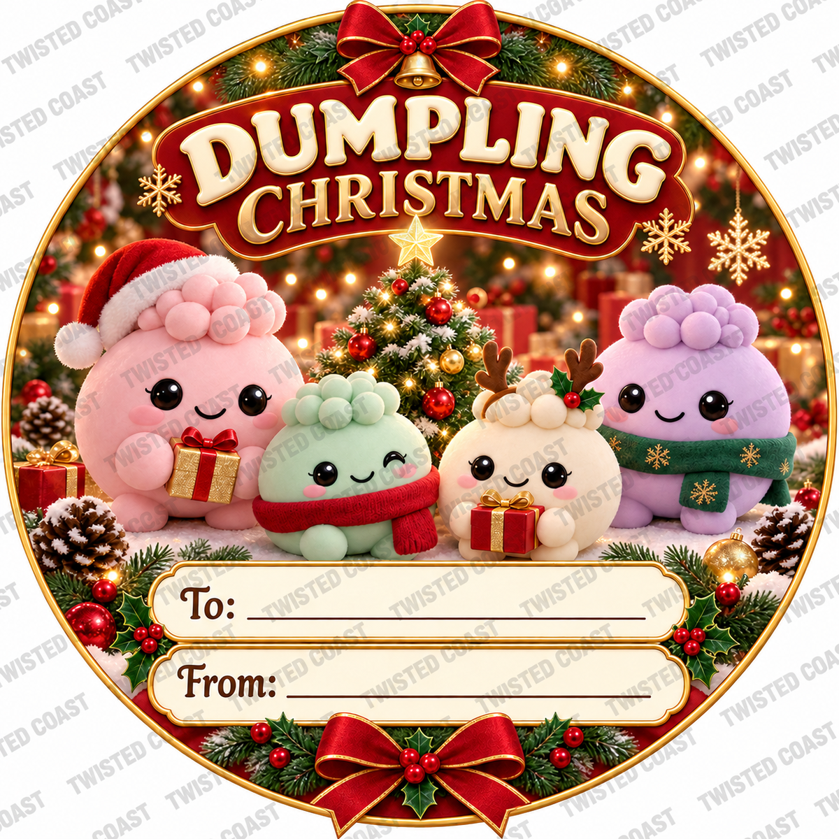 Christmas chocolate tub label – Dumpling Christmas – watermarked preview