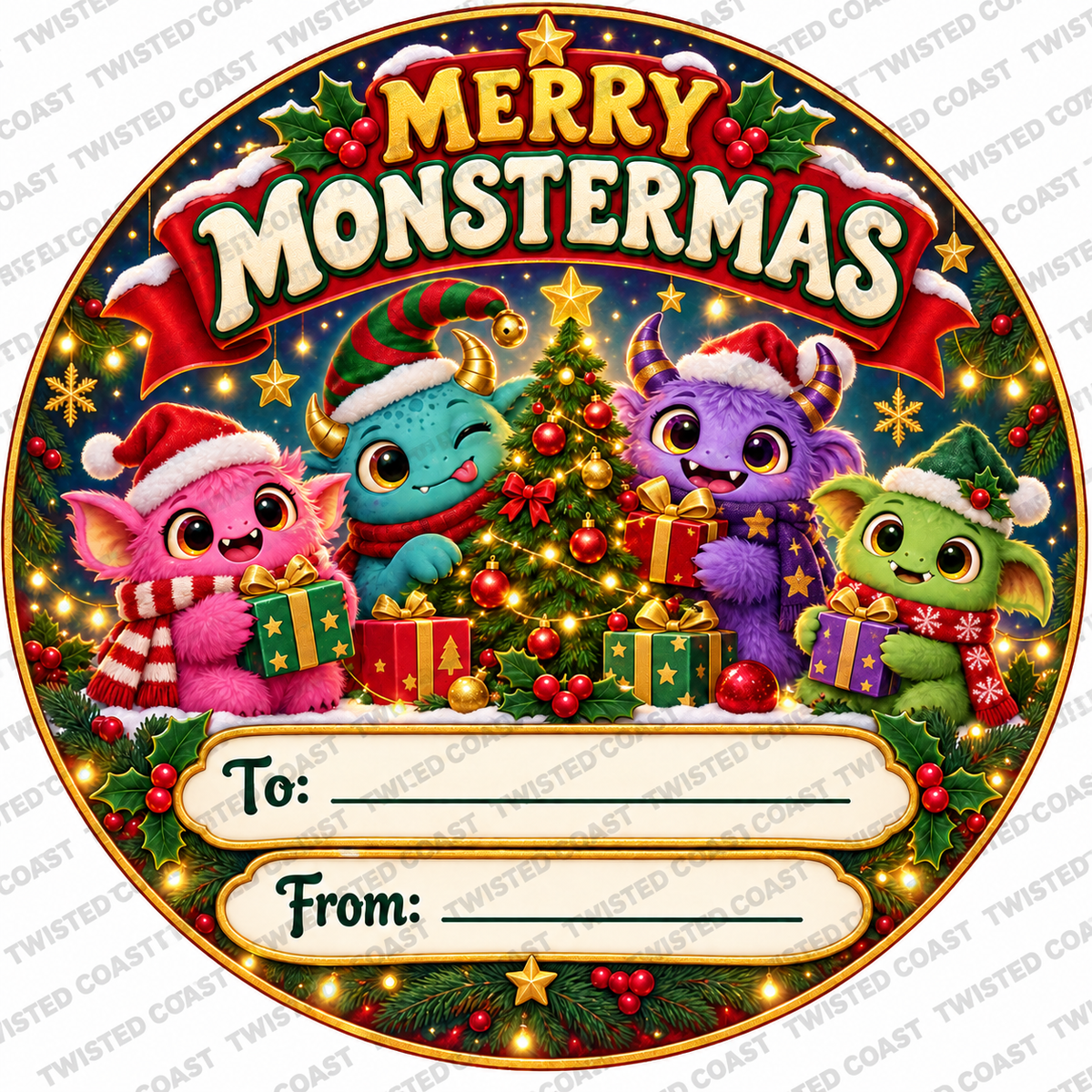 Christmas chocolate tub label – Merry Monstermas – watermarked preview