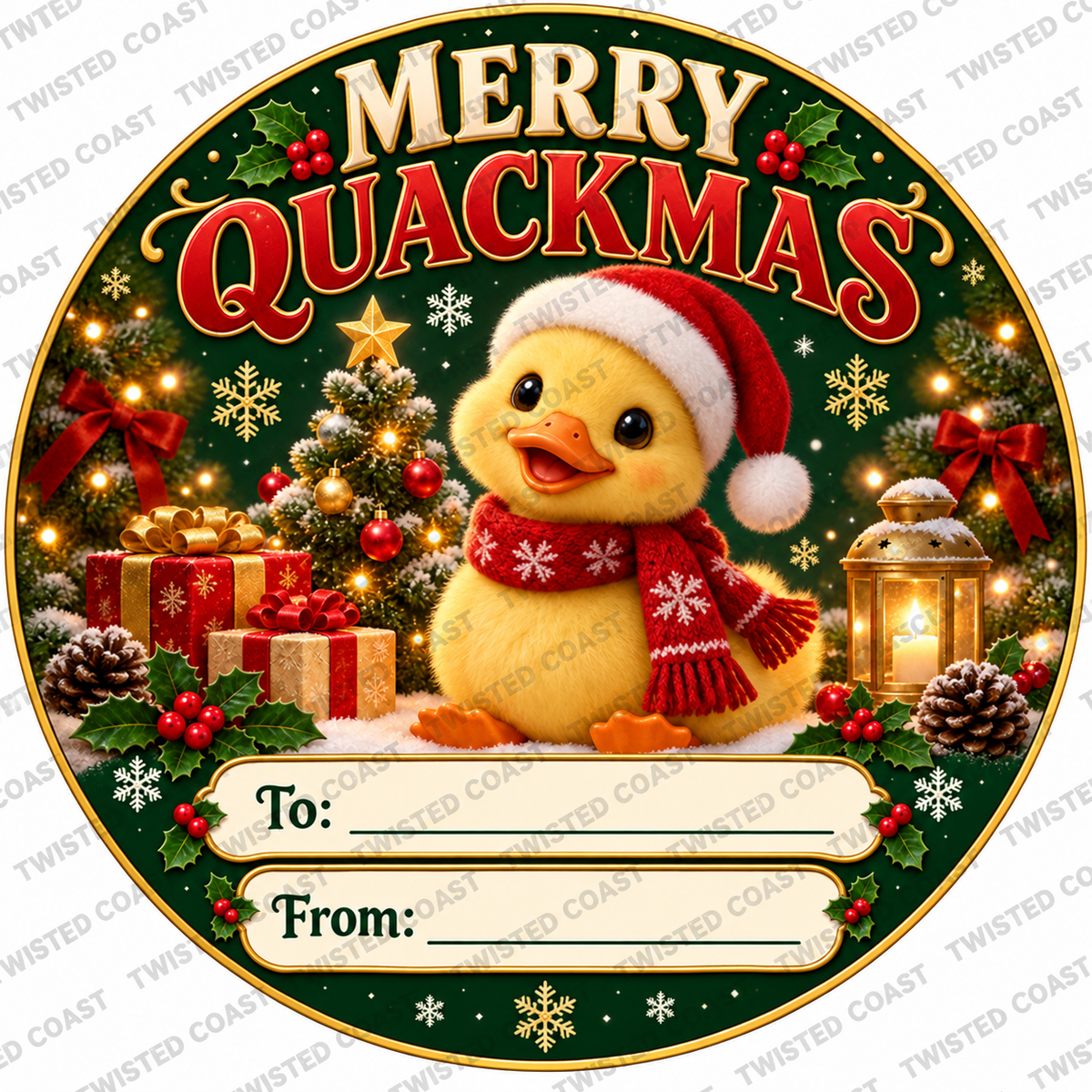 Christmas chocolate tub label – Merry Quackmas – watermarked preview