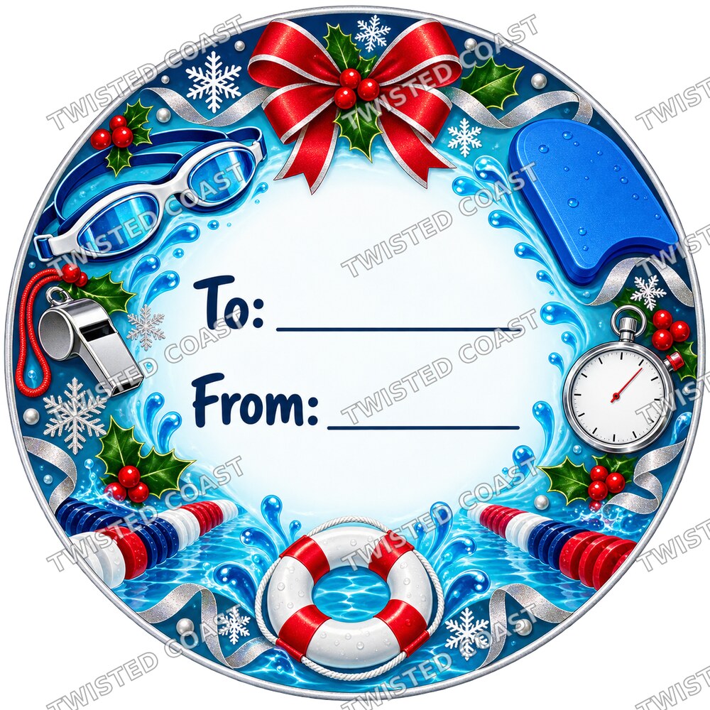 Christmas Chocolate Tub Label – Swimming Instructor Bright Blue To & From