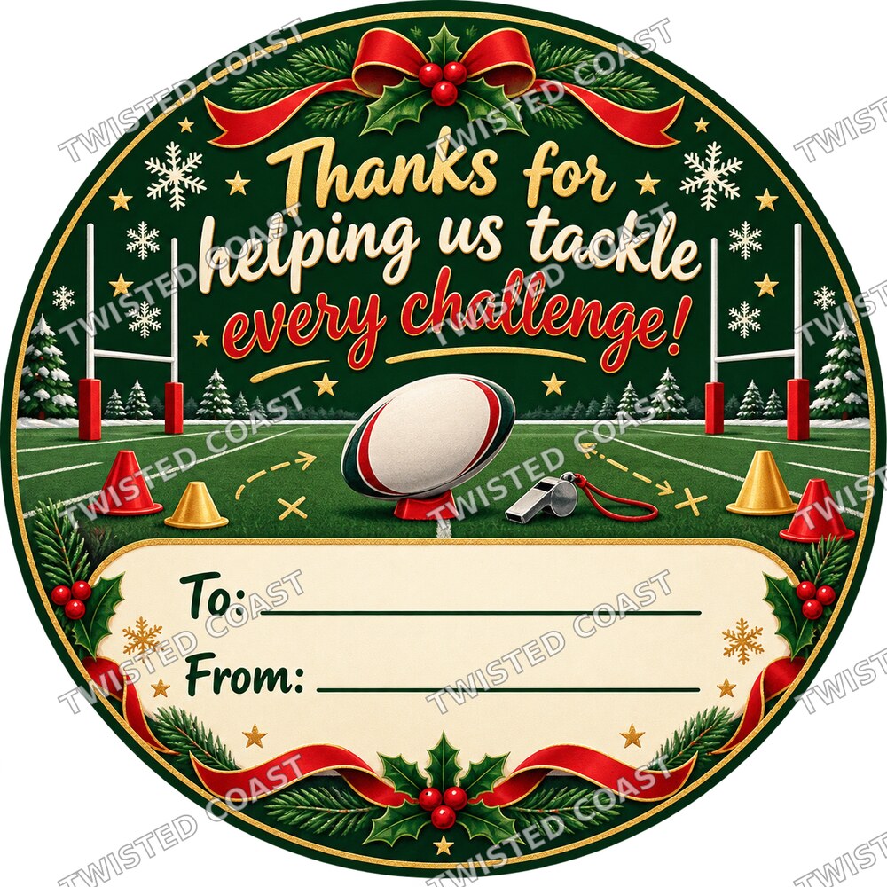Christmas Chocolate Tub Label – Thanks for Helping Us Tackle Every Challenge – UK Rugby Coach