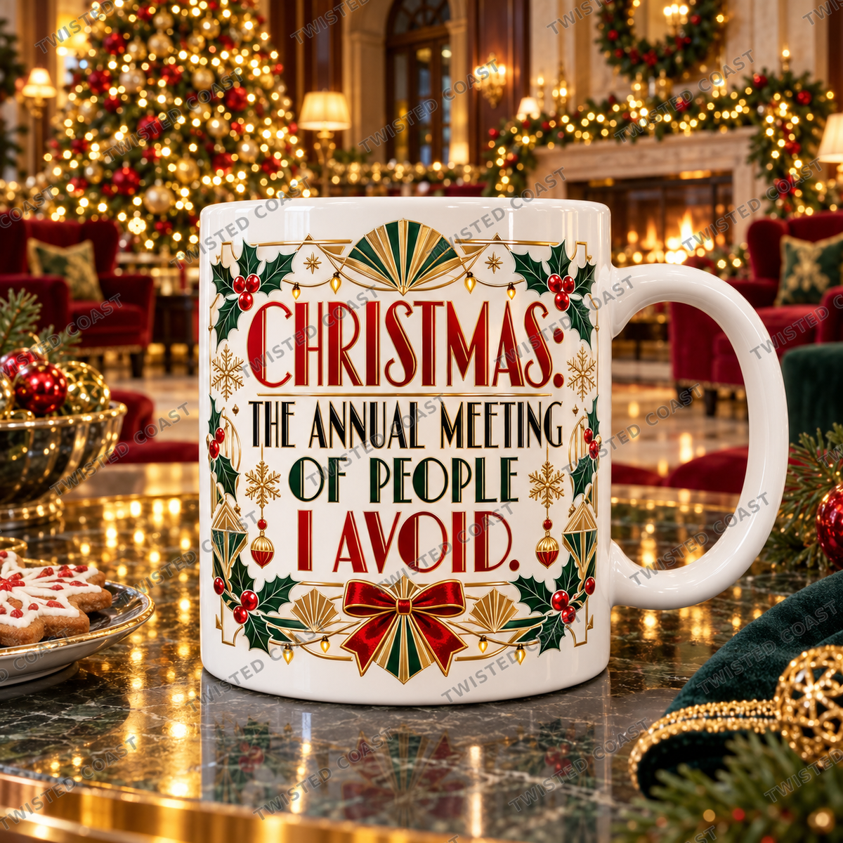 Watermarked Christmas mug mockup: Christmas: annual meeting of people I avoid