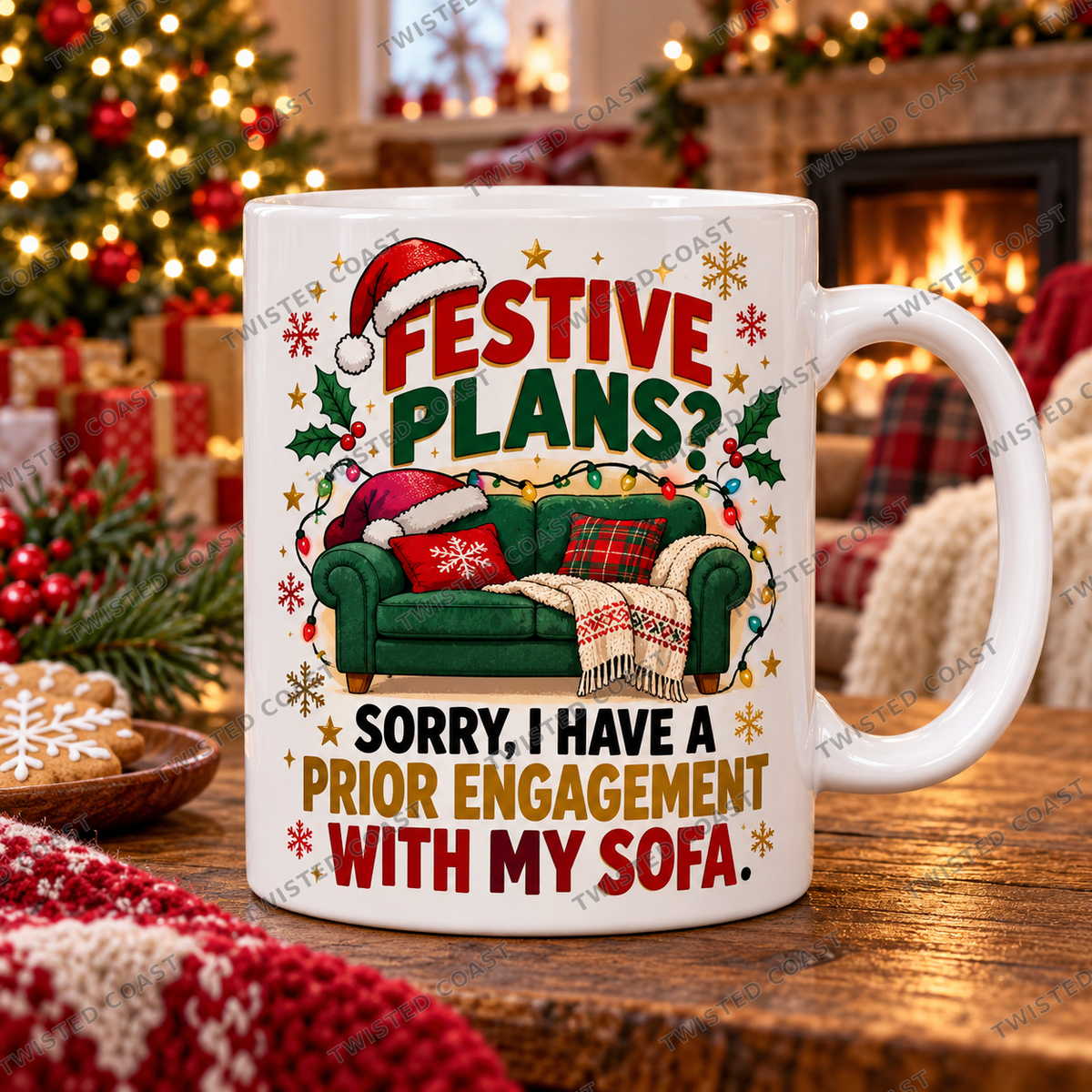 Watermarked Christmas mug mockup: Festive plans? Sofa