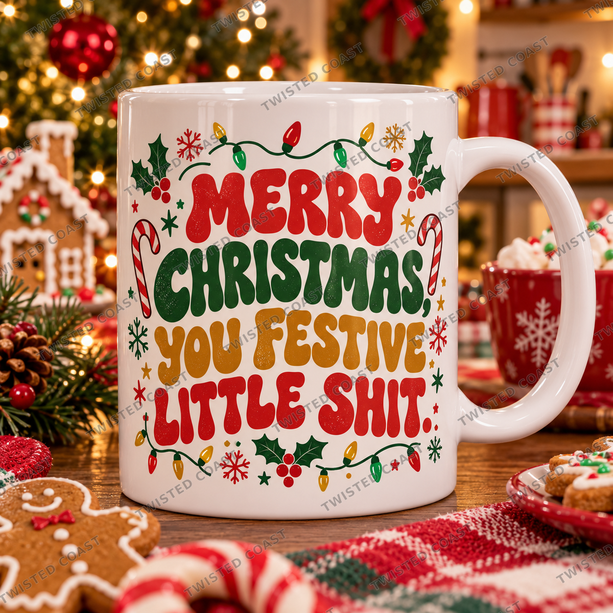 Watermarked Christmas mug mockup: Merry Christmas, you festive little shit