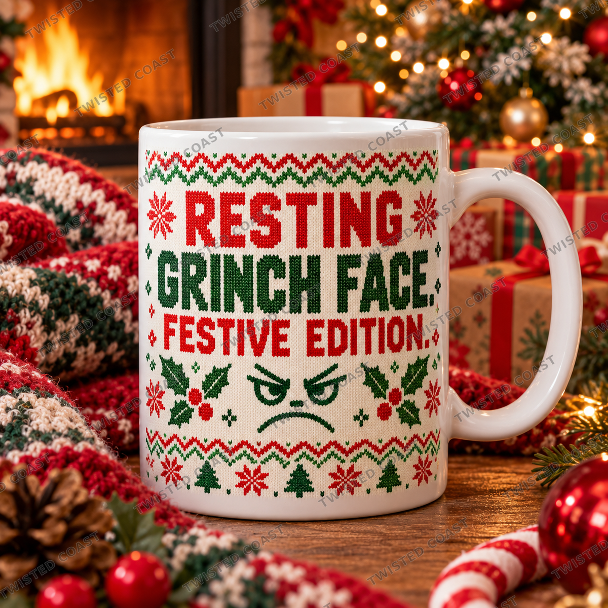 Watermarked Christmas mug mockup: Resting Grinch face. Festive edition