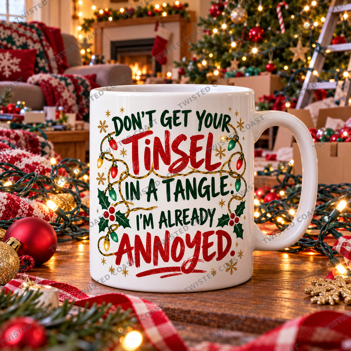 Watermarked Christmas mug mockup: Tinsel tangle, already annoyed