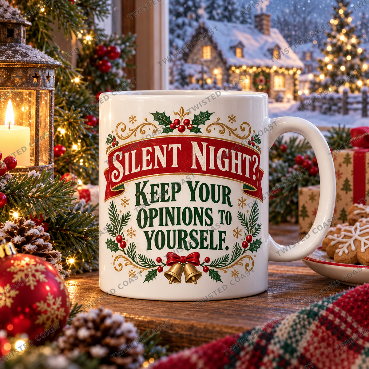 Watermarked Christmas mug mockup: Silent night? Keep your opinions to yourself