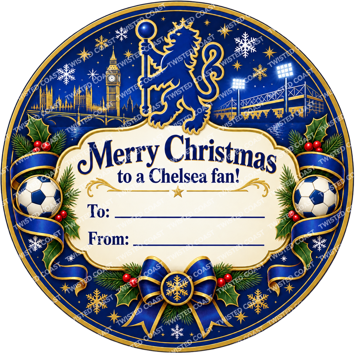 Chelsea fan Christmas chocolate tub label – watermarked product preview