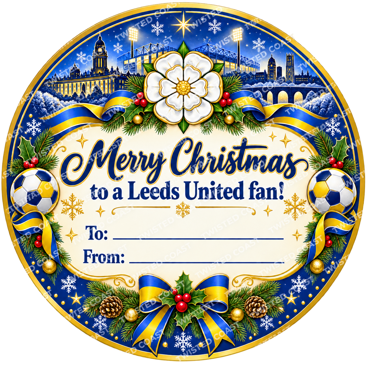 Leeds United fan Christmas chocolate tub label – watermarked product preview