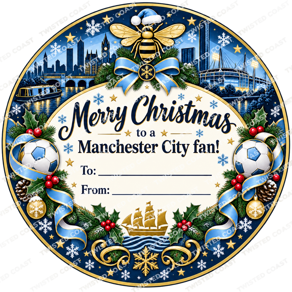Manchester City fan Christmas chocolate tub label – watermarked product preview