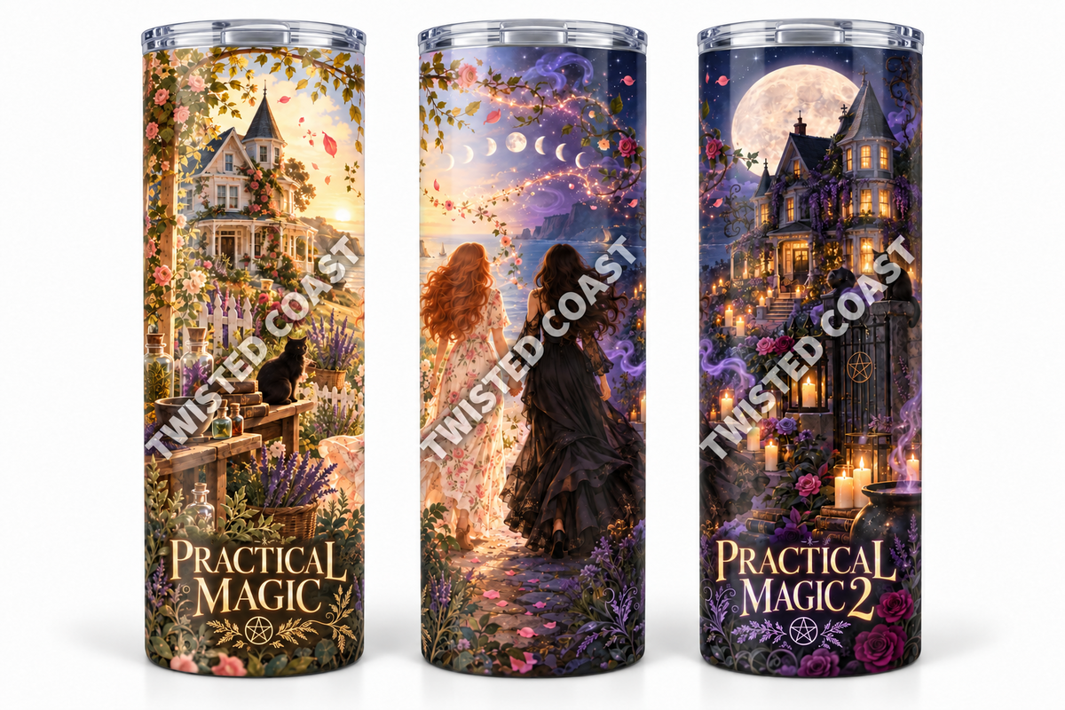 Practical Magic 2 coastal sisters and magical house 20oz skinny tumbler shown from three angles