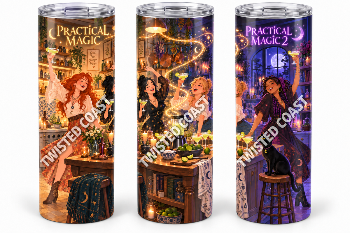 Practical Magic 2 magical kitchen 20oz skinny tumbler shown from three angles