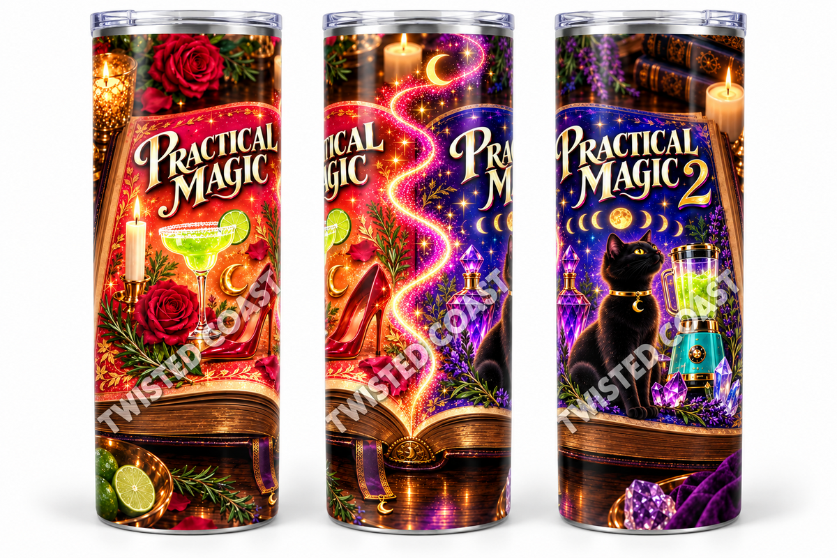 Practical Magic 2 enchanted magic book 20oz skinny tumbler shown from three angles