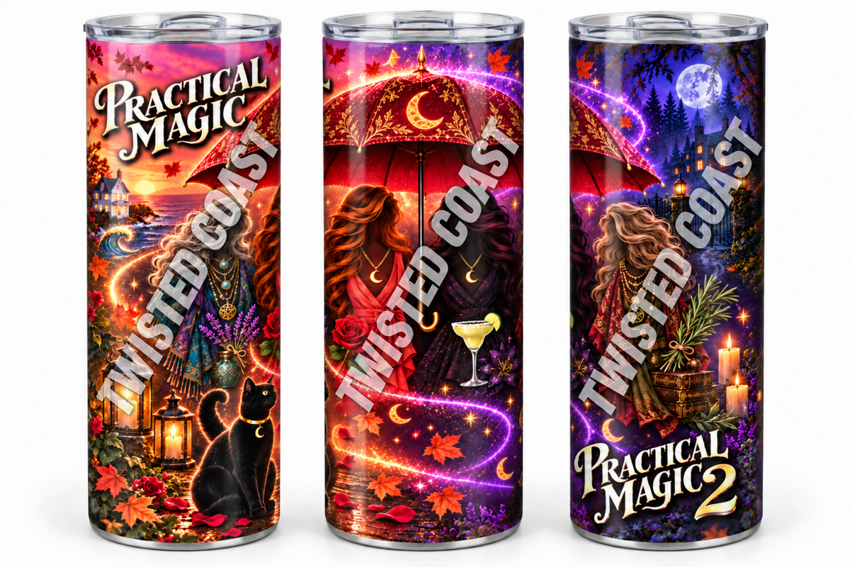 Practical Magic 2 magical umbrella and sisters 20oz skinny tumbler shown from three angles