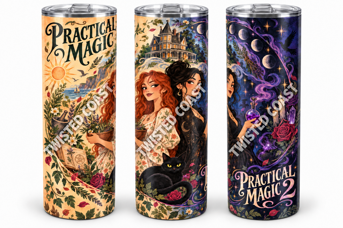 Practical Magic 2 sisters 20oz skinny tumbler shown from three angles