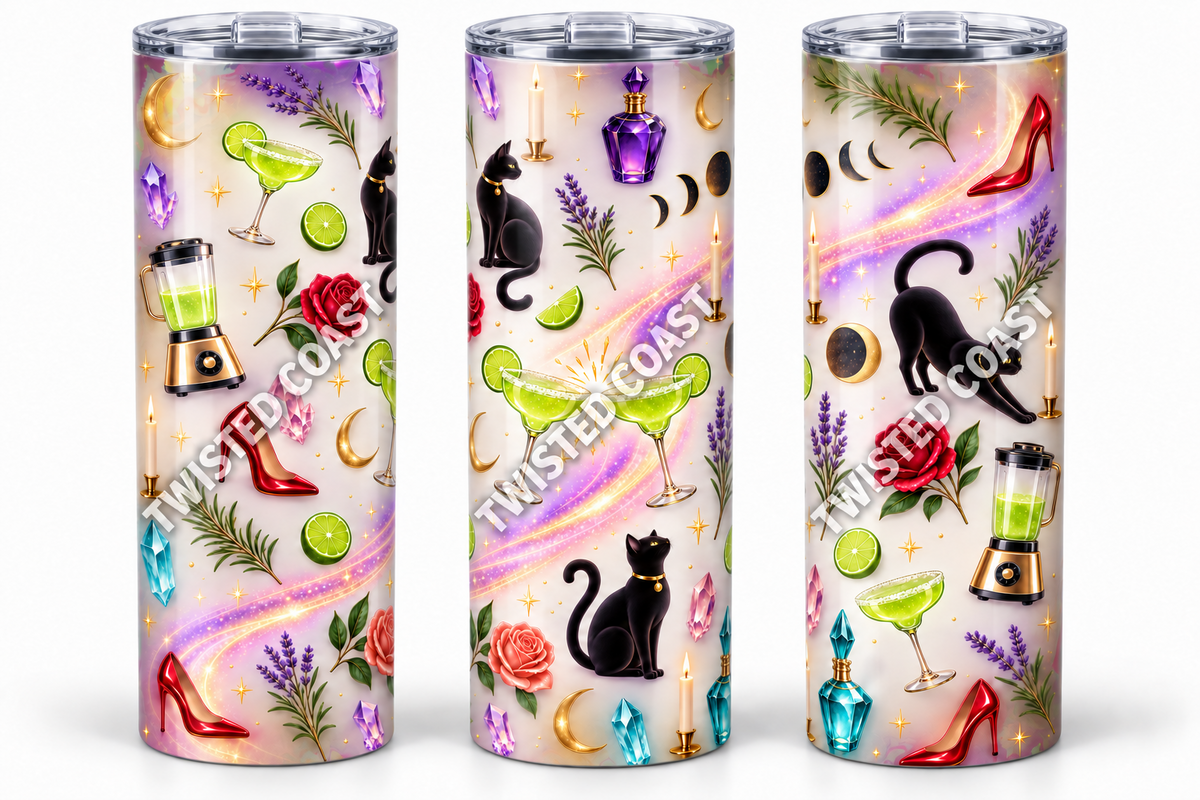 Practical Magic inspired witchy icon 20oz skinny tumbler shown from three angles